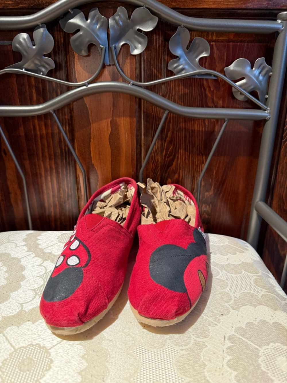 Toms Red Canvas Flats with  Minnie and Mickey Mouse hand painted.